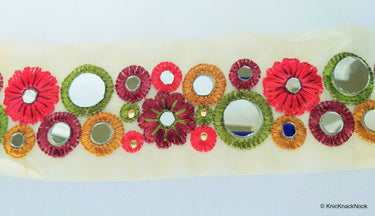 Gold Sheer Tissue Fabric Trim With Red / Pink / Coral And Green Circles and Floral Embroidery With Mirror Embellishments, Approx. 65mm